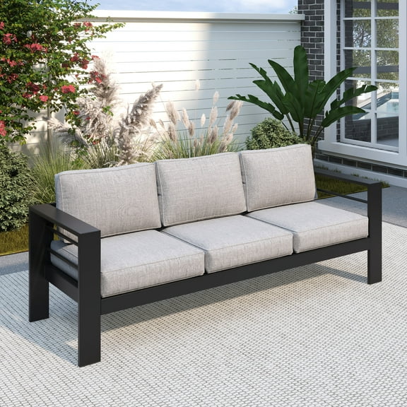 Mayincolor Patio Furniture Aluminum Sofa, All-Weather Outdoor 3 Seats Couch, Gray Metal Chair with Dark Grey Cushions