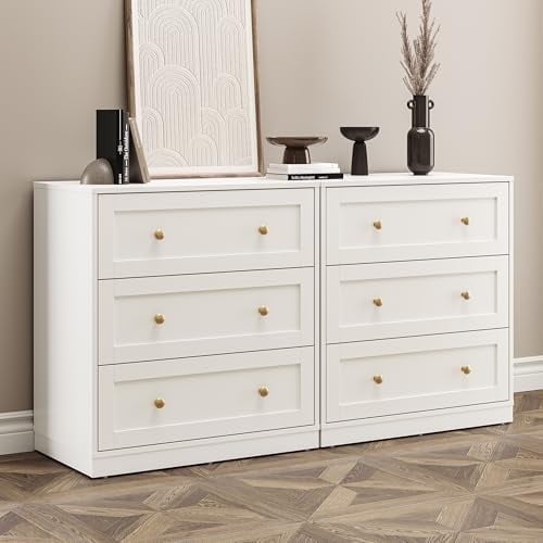 May in Color White 3 Drawer Dresser Set of 2, Modern Chest of Drawers with Gold Dresser Knobs, for Bedroom, Hallway, Closets, Living Room