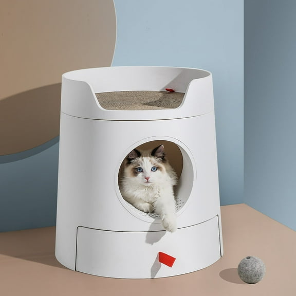 Mayitwill XL Castle 2 in 1 Front-Entry Cat Litter Box with Scratch Basin, Scoop included, White