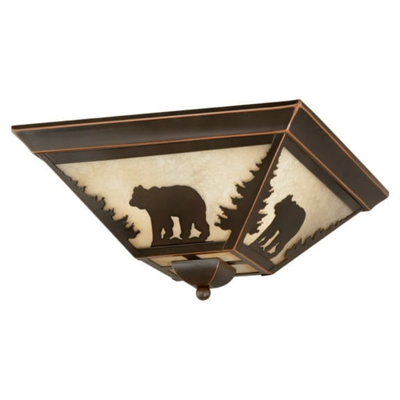 Rustic Flush Mount Ceiling Light - Bronze Island Interiors - 14 Inch Wide - Amber Glass Shade