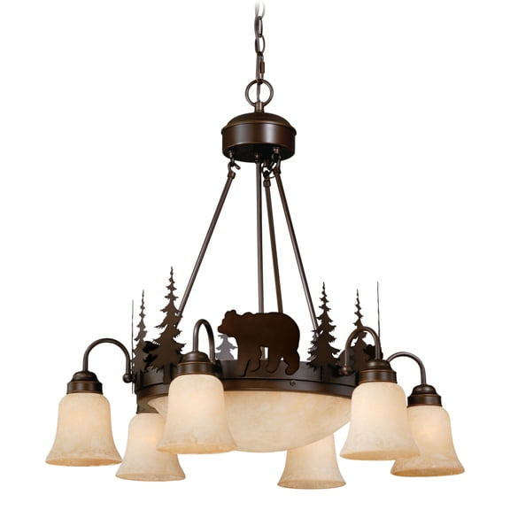 Rustic Chandelier Bronze 9 Light Amber Glass - Lodge Cabin Chic Lighting 28.5" Wide