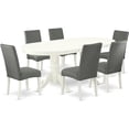 thumbnail image 1 of HomeStock 7 Piece Kitchen Table & Chairs Set Consist of an Oval Dining Table with Leaf and 6 Gray Linen Fabric Upholstered Chairs, 40x76 Inch, Linen White, 1 of 7
