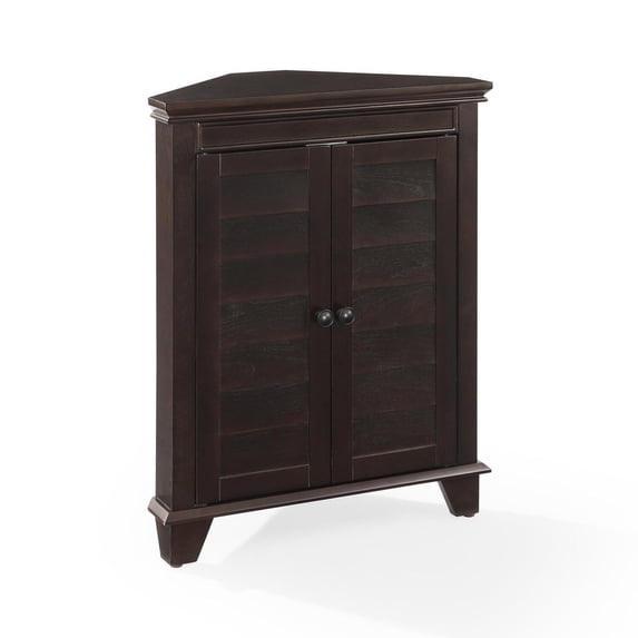 Maykoosh African Artifacts Triangular Wood Home Storage 2 Door Corner Storage Cabinet in Expresso, 2 Adjustable and Removable Shelves, Mullion and Accent Door, 12"D x 22"W x 28.88"H