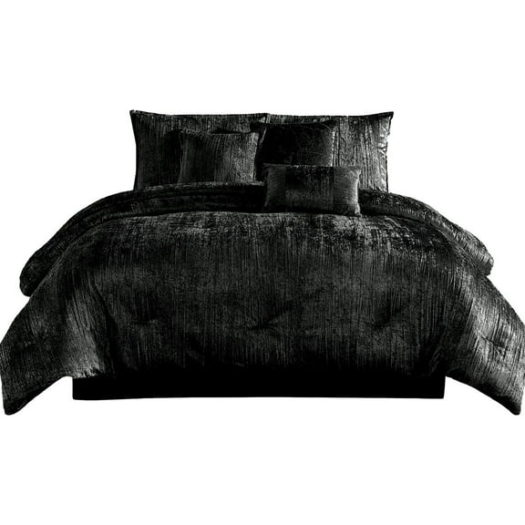 King Comforter Set Black Velvet 7 Piece - Deluxe Texture Bedding Set