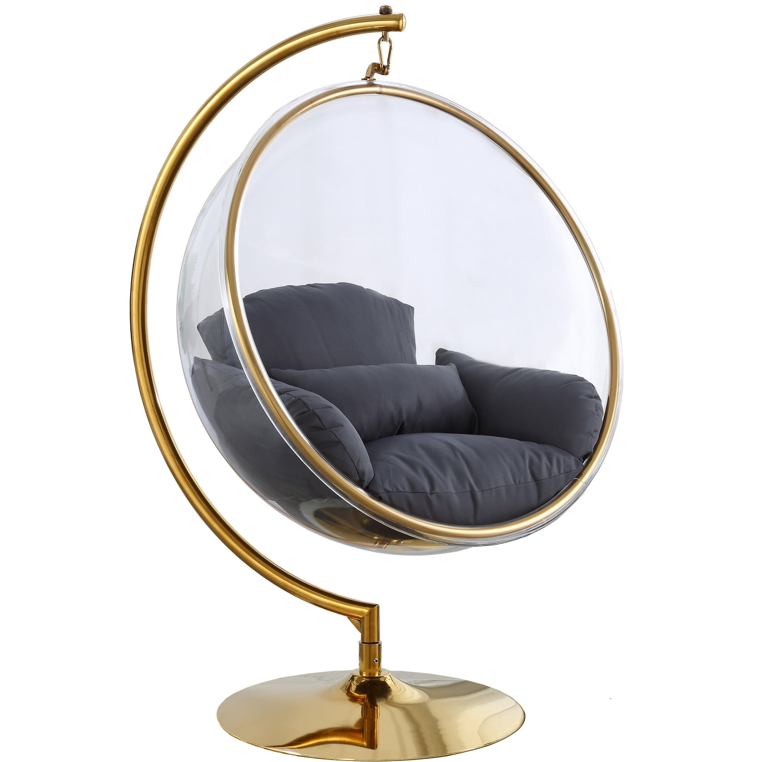 Luna Grey Fabric and Gold Metal Acrylic Swing Bubble Accent Chair