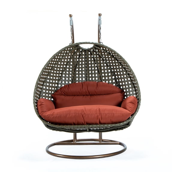 Maykoosh Antique Accents 2 Person Wicker Egg Chair Outdoor Indoor Bedroom Patio Hanging Lounge Swing Hammock Chairs with Beige Stand and UV Resistant Cushions, Dark Orange