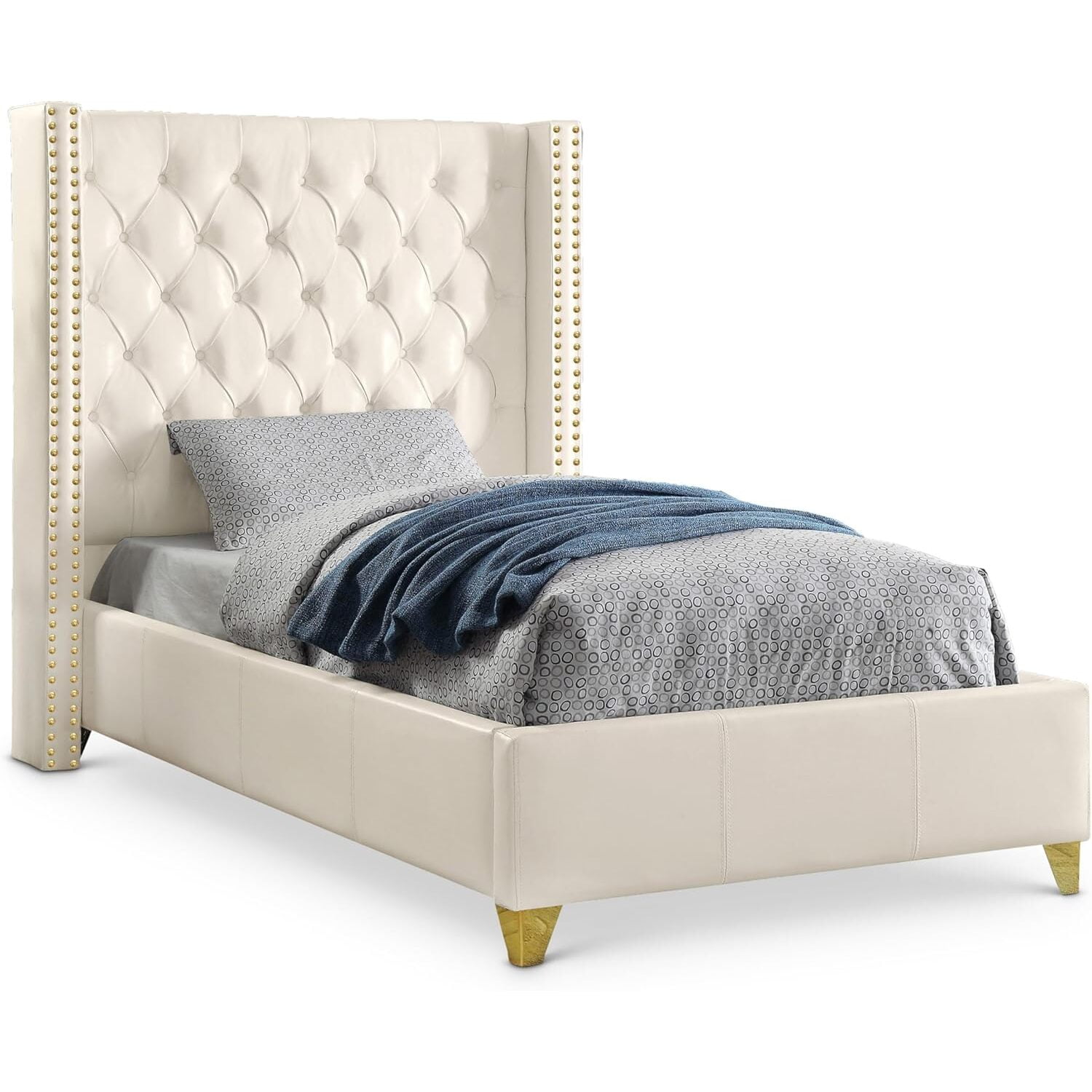 White Twin Upholstered Wood Bed with Tufted Headboard