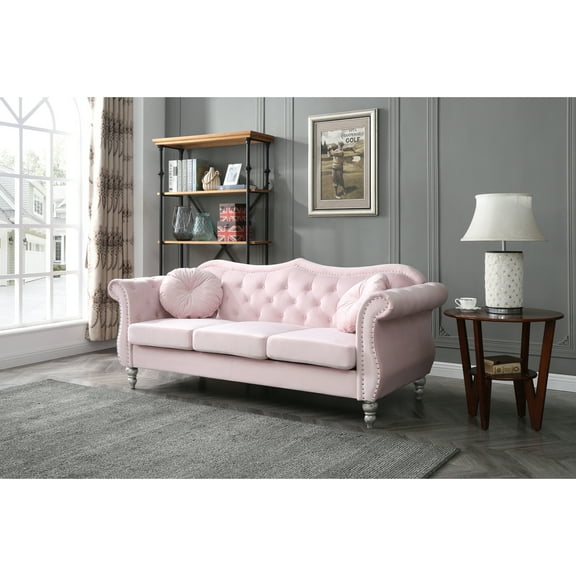 Maykoosh French Country Velvet Upholstry Fabric Button Tufted Living Room Sectional Sofa in Rutched Arm Style - 35"D x 82"W x 34"H-Color:Pink