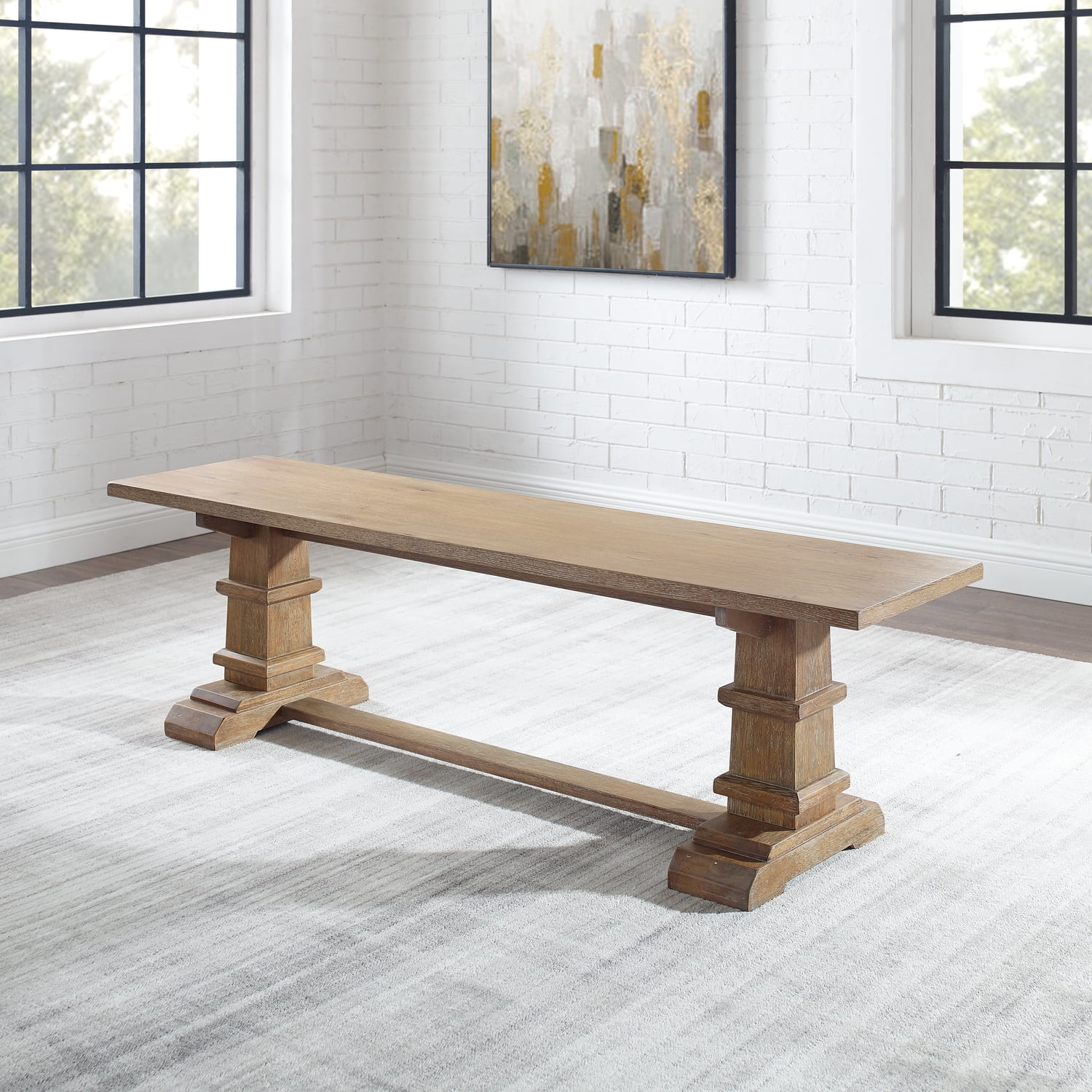 Rustic Brown Farmhouse Wood Dining Bench with Pedestal Columns
