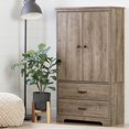 thumbnail image 1 of HomeStock Art Deco Dreams 2-Door Armoire With Drawers - Weathered Oak Finish, 19.5"D x 33.75"W x 63.5"H, Two-Framed Doors, Armoire for Clothes Storage, Storage Wardrobe, Wooden Wardrobe, 1 of 1