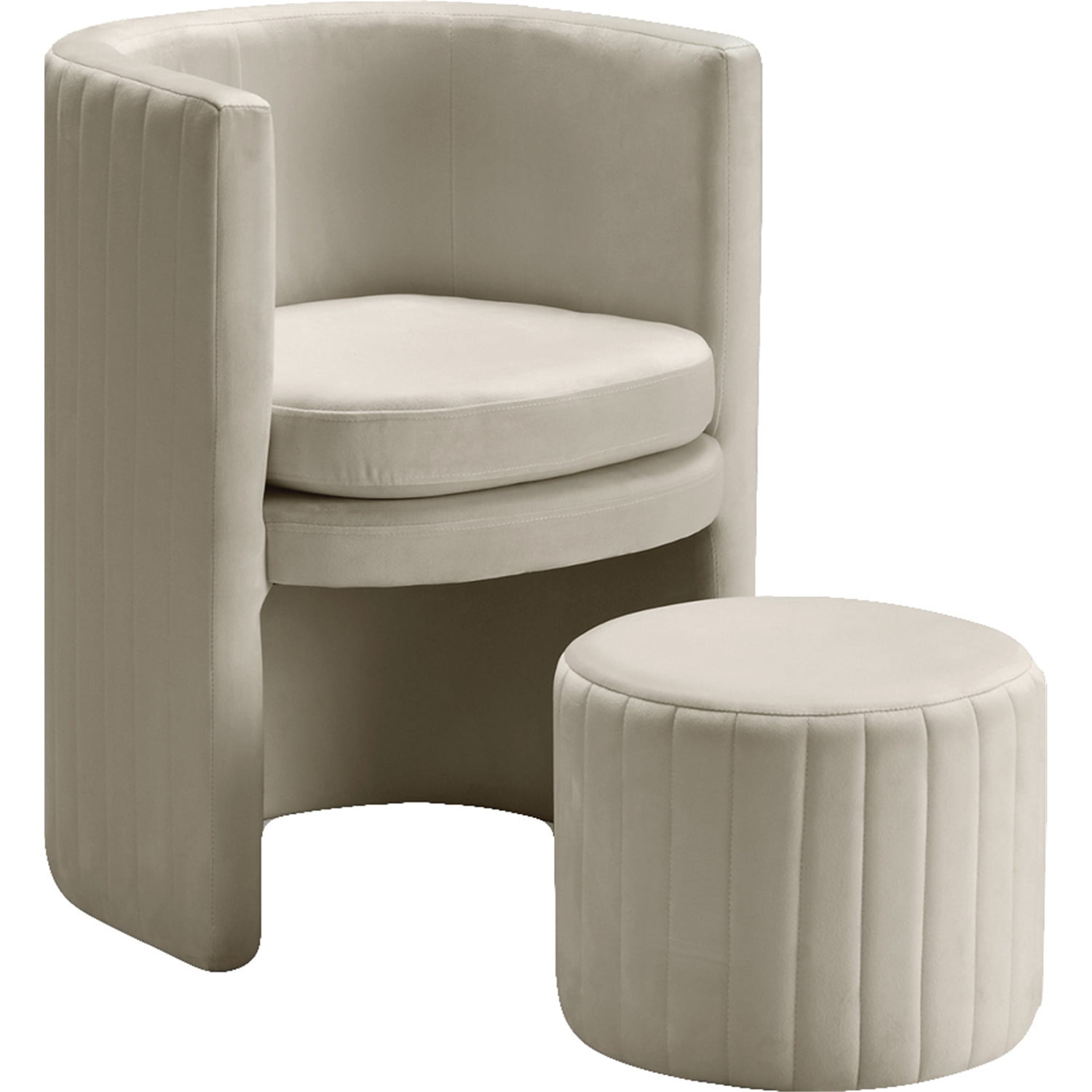 Cream Velvet Barrel Accent Chair with Ottoman