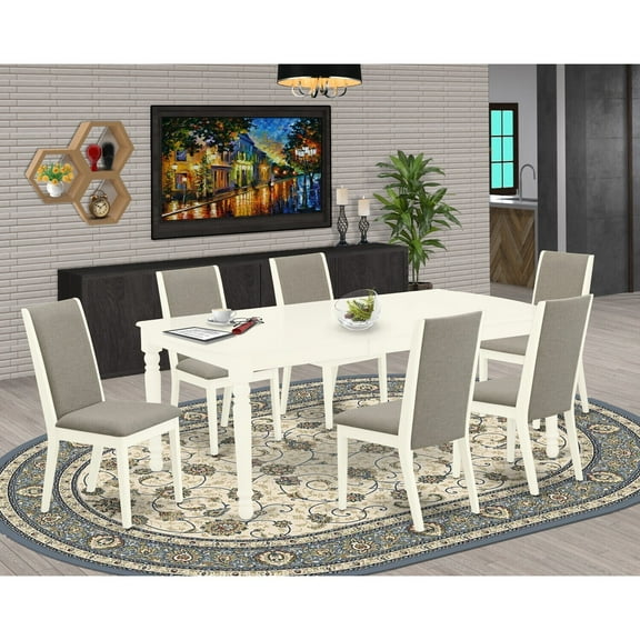 Maykoosh Art Nouveau Allure 7-Piece Kitchen Dining Table Set- 6 Parson Chairs And Butterfly Leaf Rectangular Table Hardwood Frame -High Back & Linen White Finish
