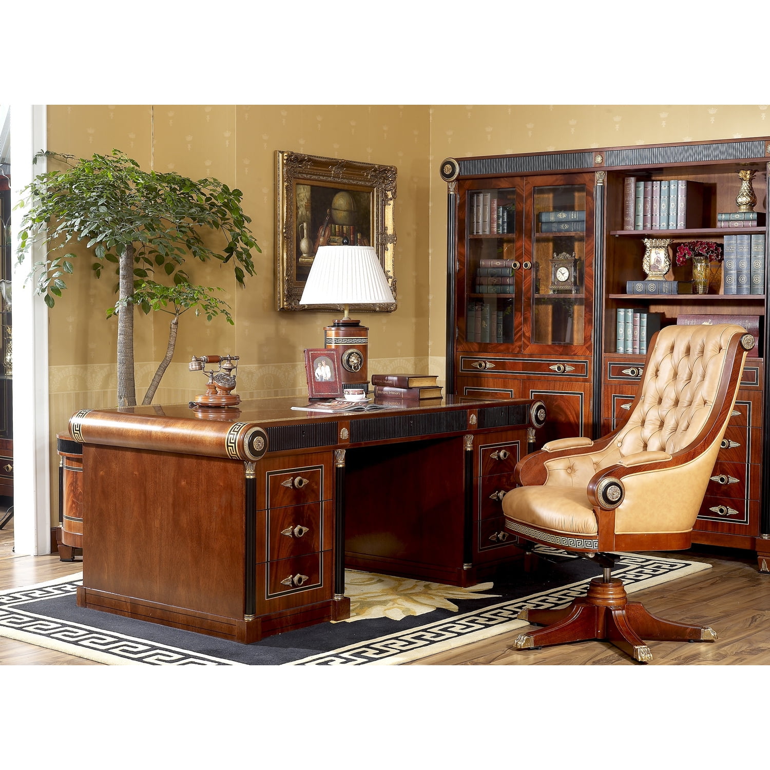 Walnut and Leather Tufted Swivel Executive Chair