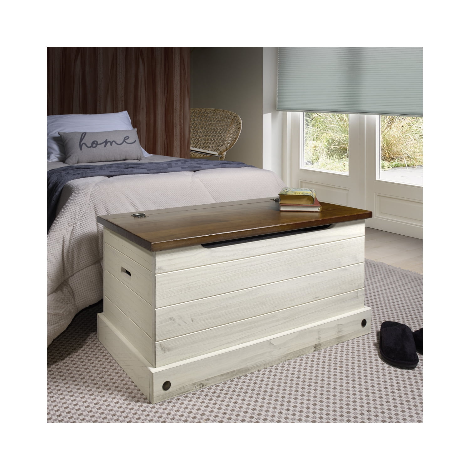 Distressed White Cottage Wood Storage Trunk with Soft Close Hinges