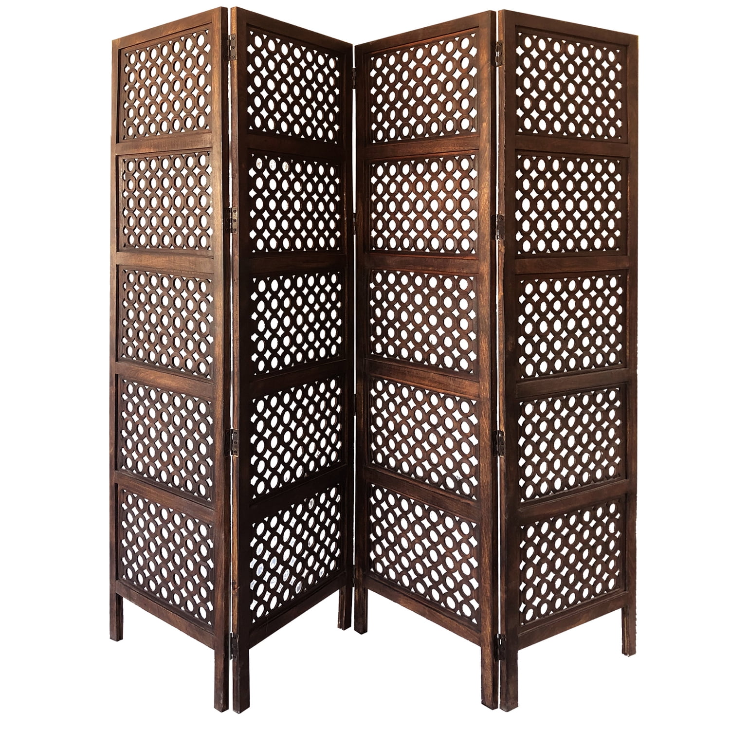 Mango Wood Room Divider - 4 Panel Hinged ScreenDecorative Space SeparatorBrown Finish80" Height
