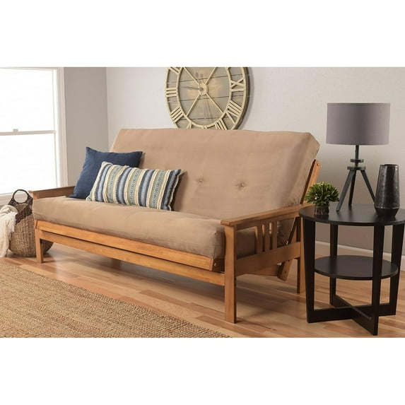 Maykoosh Coastal Cool Queen Futon Frame Set with Mission Style Arms and Mattress, Solid Hardwood Construction-Color:Butternut,Style:Suede Peat