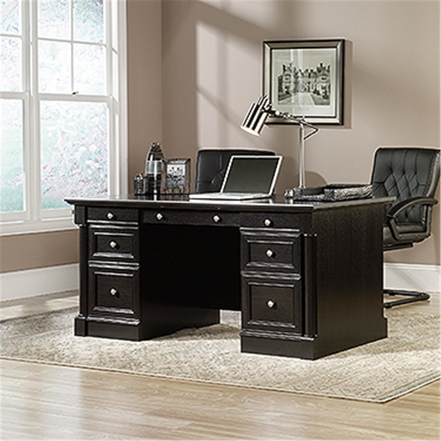 Wind Oak Executive Desk with Drawers and Power Outlet