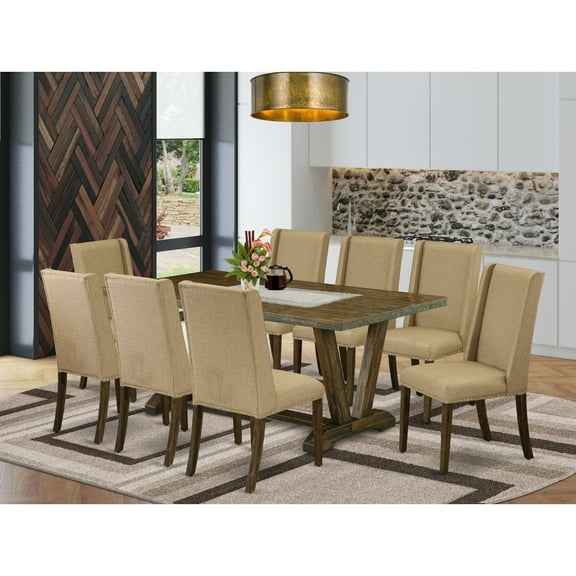 Asian Dining Set - 9 Piece TableChairs - 40x72 Inch Rectangle Table - Linen Fabric Upholstered Chairs - Dark Khaki