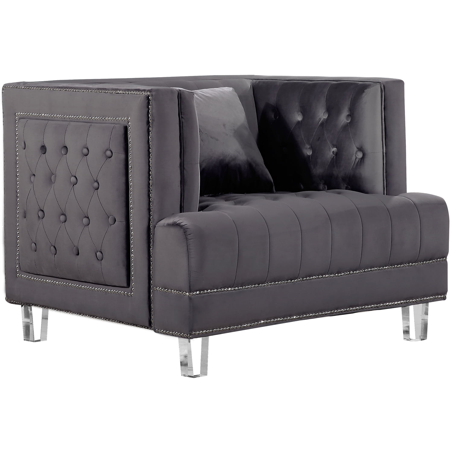 Lucas Grey Velvet Tufted Accent Chair with Acrylic Legs