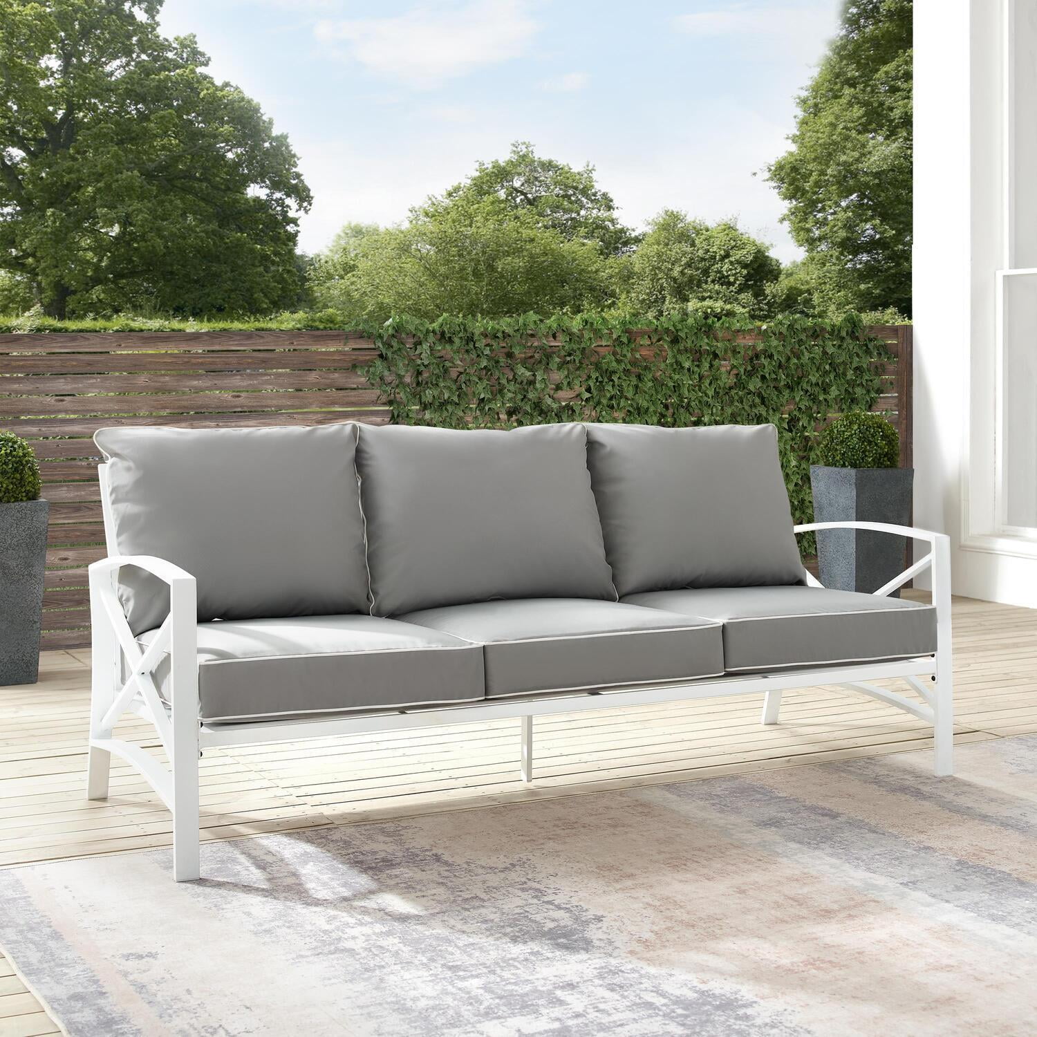 Gray Cushioned White Metal Outdoor Sofa with Three Seats