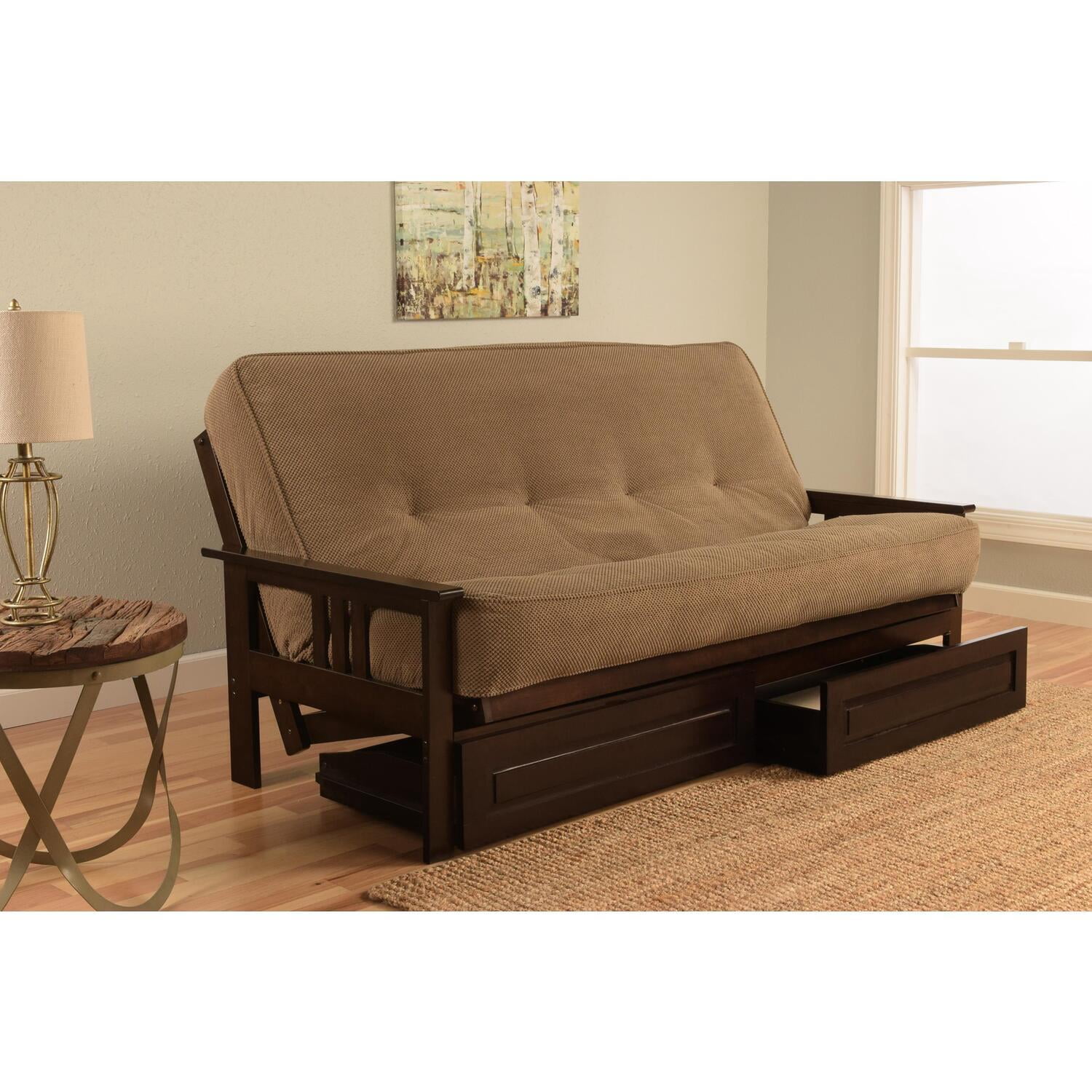Island Oasis Full Futon Frame Set with Mattress and Storage Drawers, Classic Foldable Frame, Converts to Bed - 79 L x 37 D x 33 H