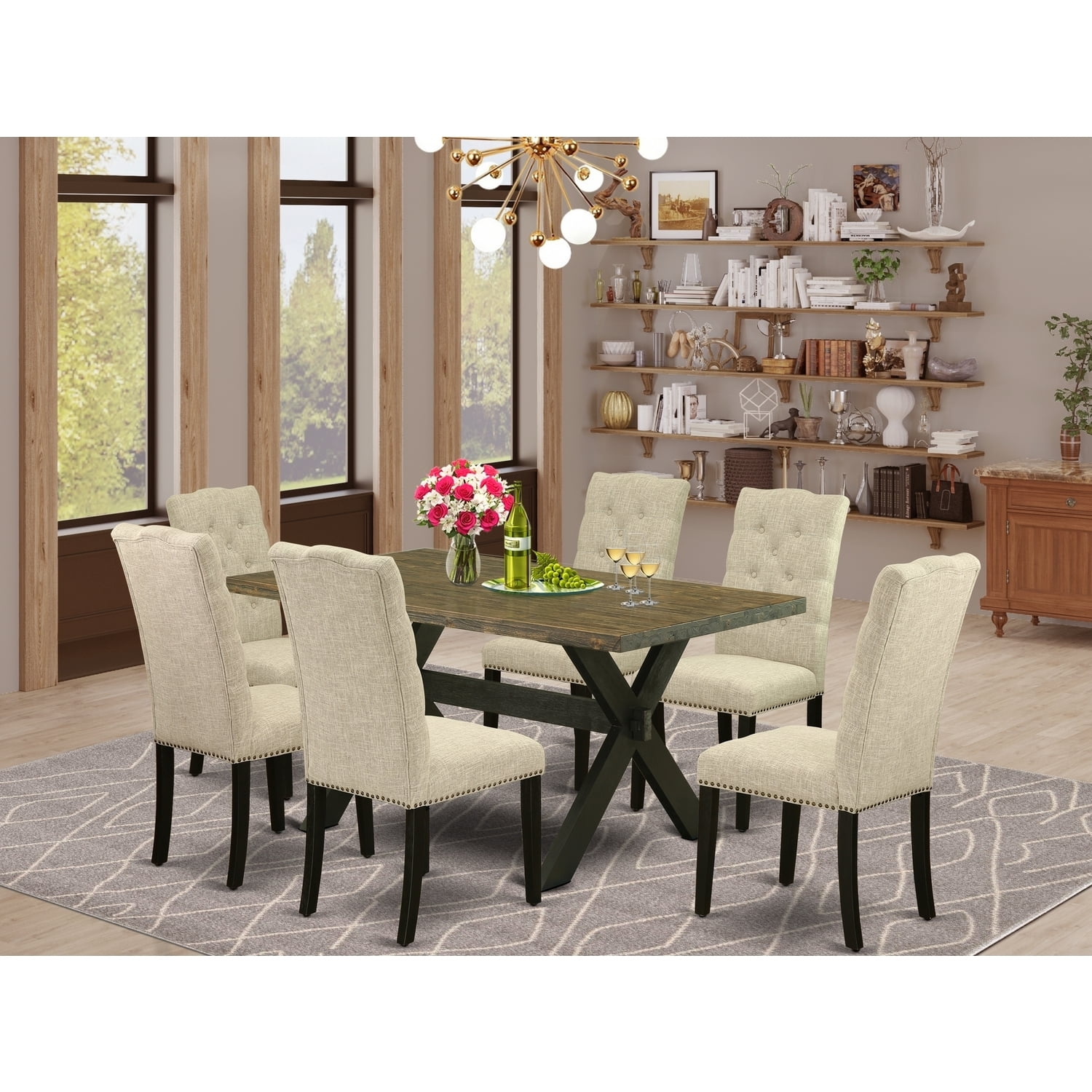 Elegant 7-Piece Dining Set - Rectangular Table with 6 Upholstered