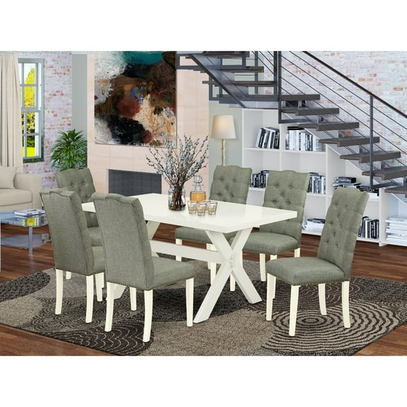 Boho Dining Set - 7 Piece TableChairs - Linen Fabric Upholstered Dining Room Set - 36x60 Inch Table