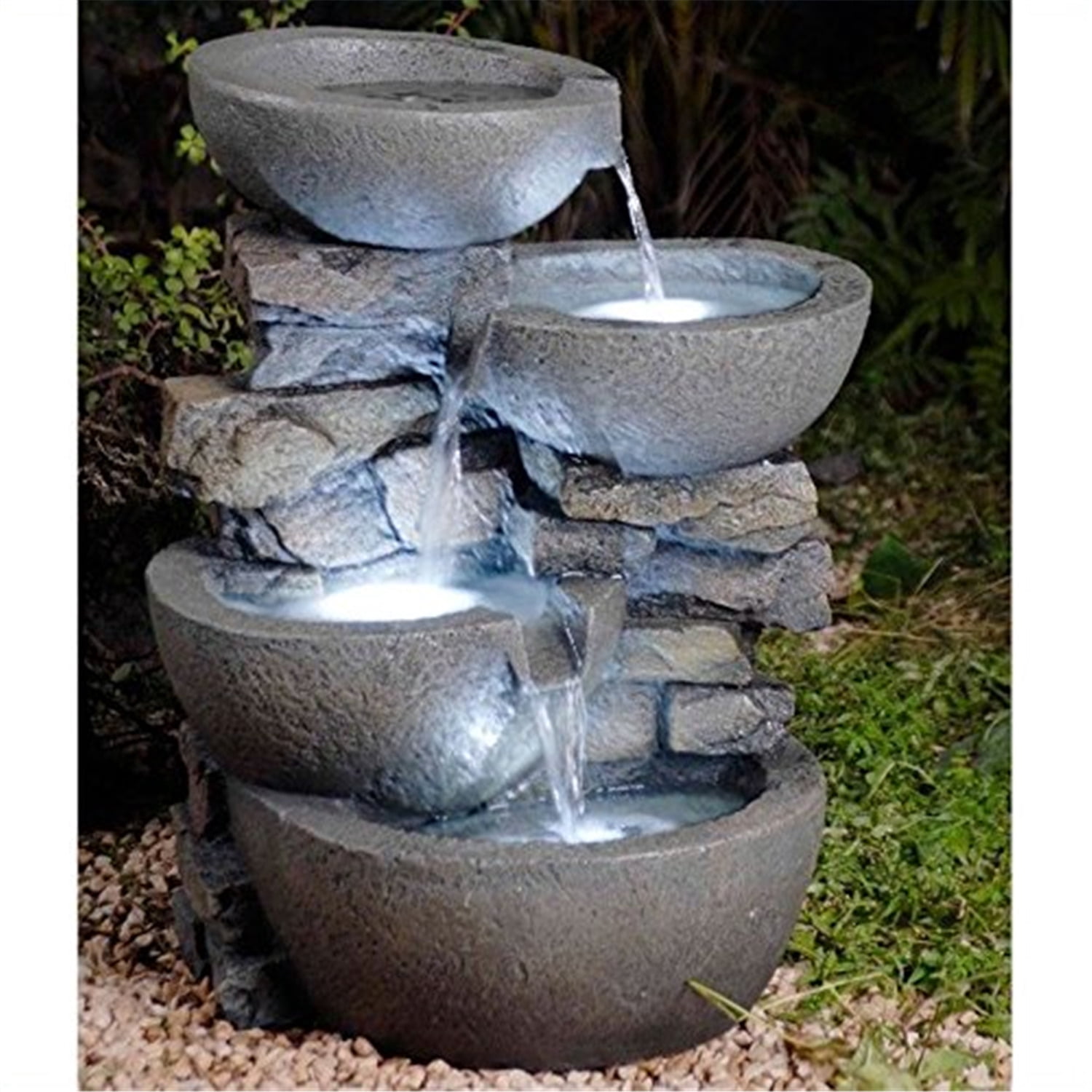 Outdoor Fountain with Lights - Tiered Cascade Design - Weather Resistant - Gray Fiberglass Resin - 21.7" Tall
