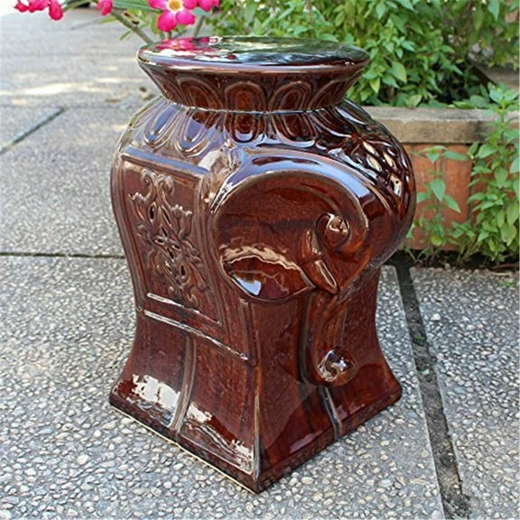Maykoosh Eclectic Escape Elephant Ceramic Garden Stool, Durable Solid Ceramic Construction, Exotic Elephant Design, Suitable For Garden, 22 Lb, 14"W X 11"L X 18"H-Color:Brown Glaze
