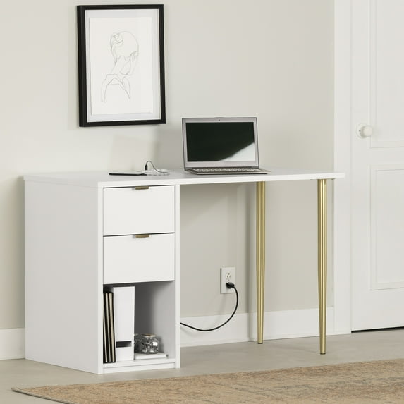 HomeStock City Sleek Home Office Desk - Pure White Metal Computer Desk with Built-in Power Bar and Efficient Storage, Compact & Durable Desk for Home Office, Desk w/ Brass Legs