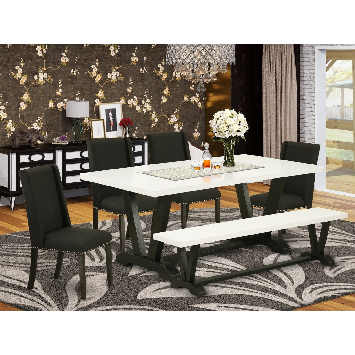 6-Piece Kitchen Table Set with Chairs & Bench - Black & White Finish ...