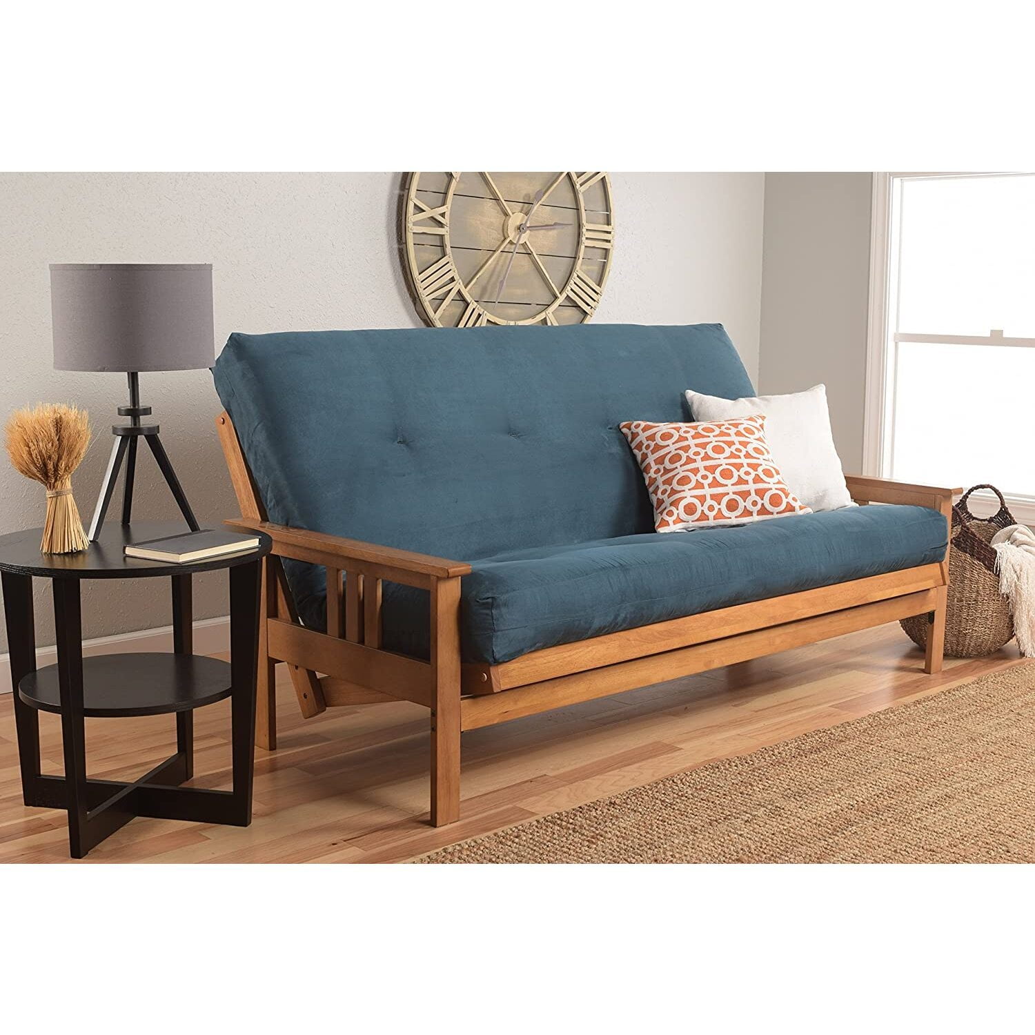 Maykoosh Classic Comfort Futon Frame Queen Butternut Finish Suede Navy Mattress