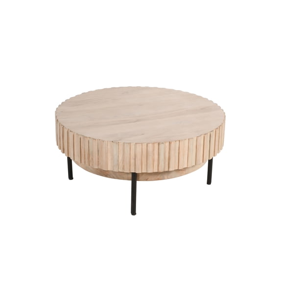 Maykoosh Coastal Charm 36 Inch Modern Handcrafted Round Coffee Table, Oak White Wood Top With Grooved Edges, Black Iron Legs