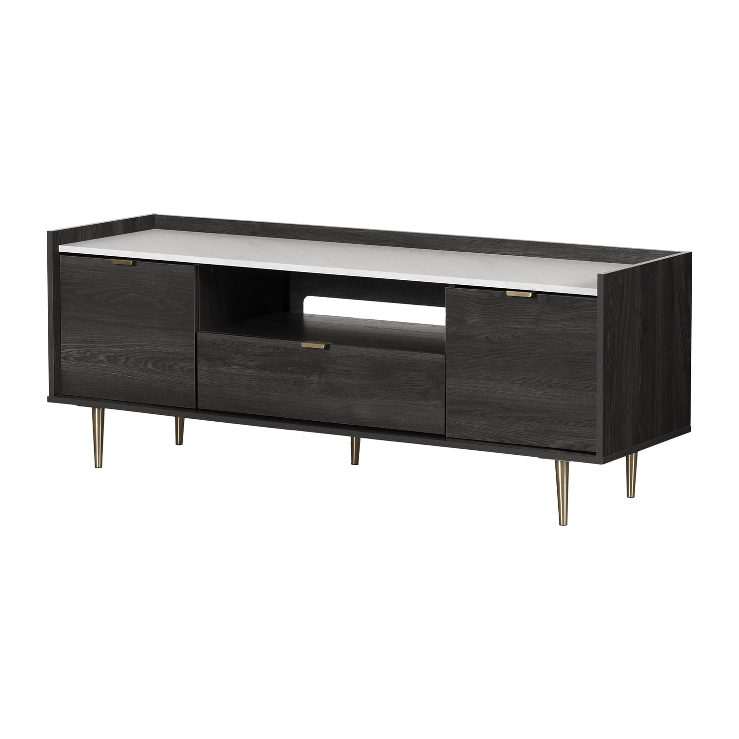 Gray Oak and Faux Carrara Marble TV Stand with Storage Cabinets