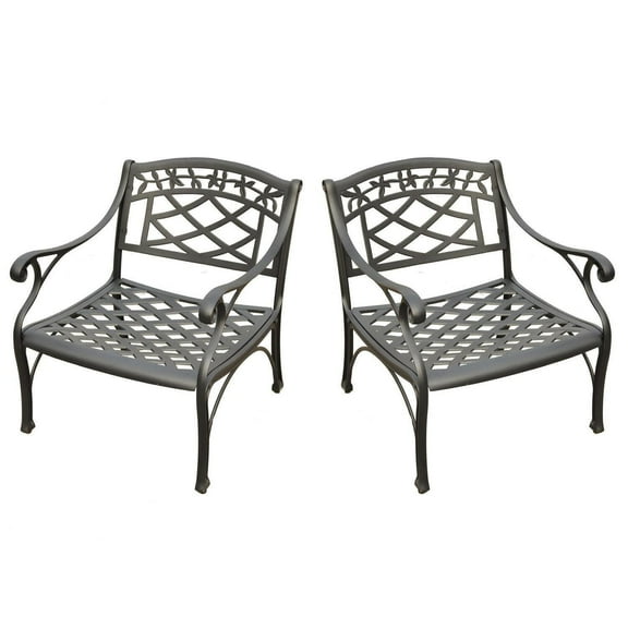 Outdoor Conversation Set - 2 Cast Aluminum Club Chairs - Patio Seating - Black Finish