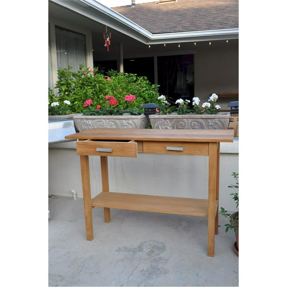 Coastal Outdoor Serving Table with Storage - Patio Kitchen Island - Rectangular Bar Table with Drawers & Shelf
