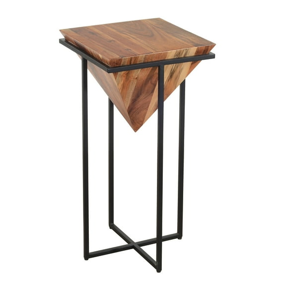 Maykoosh Contemporary Chic Pyramid Shape Wooden Side Table with Cross Metal Base, Brown and Black, 30" H x 30" W x 30" D, Unique Craftsmanship for a Stylish Living Space