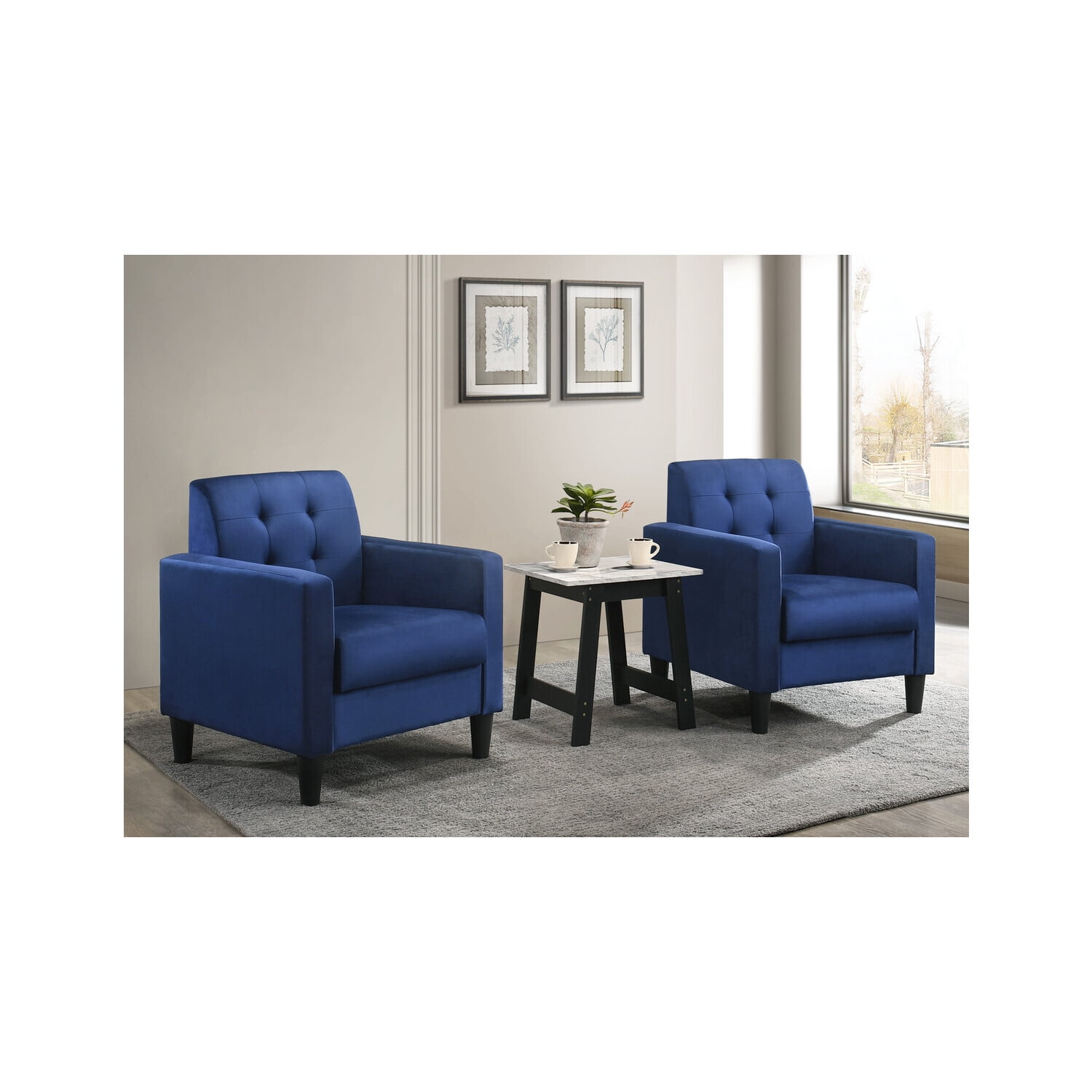 Maykoosh Contemporary Chic Blue Velvet Armchairs and End Table Living