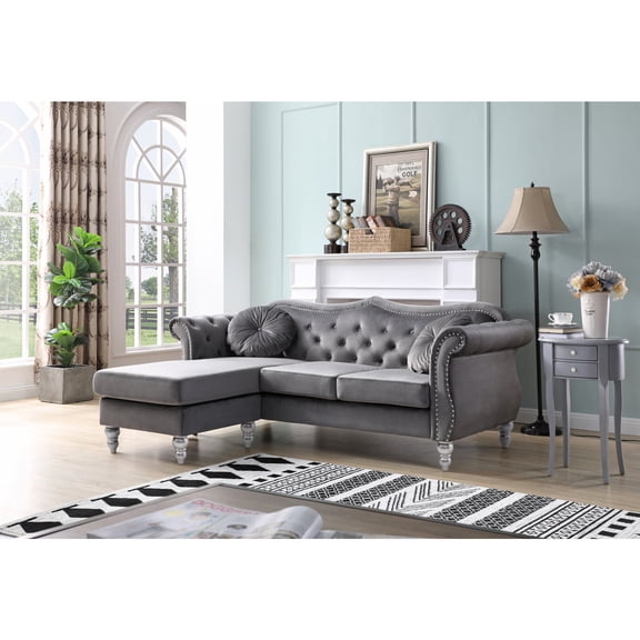 Maykoosh Contemporary Chic Sofa Chaise, Dark Gray, 34 H x 81 W x 35 D - Soft Velvet Cover with Tufted Back and Nailhead Trim