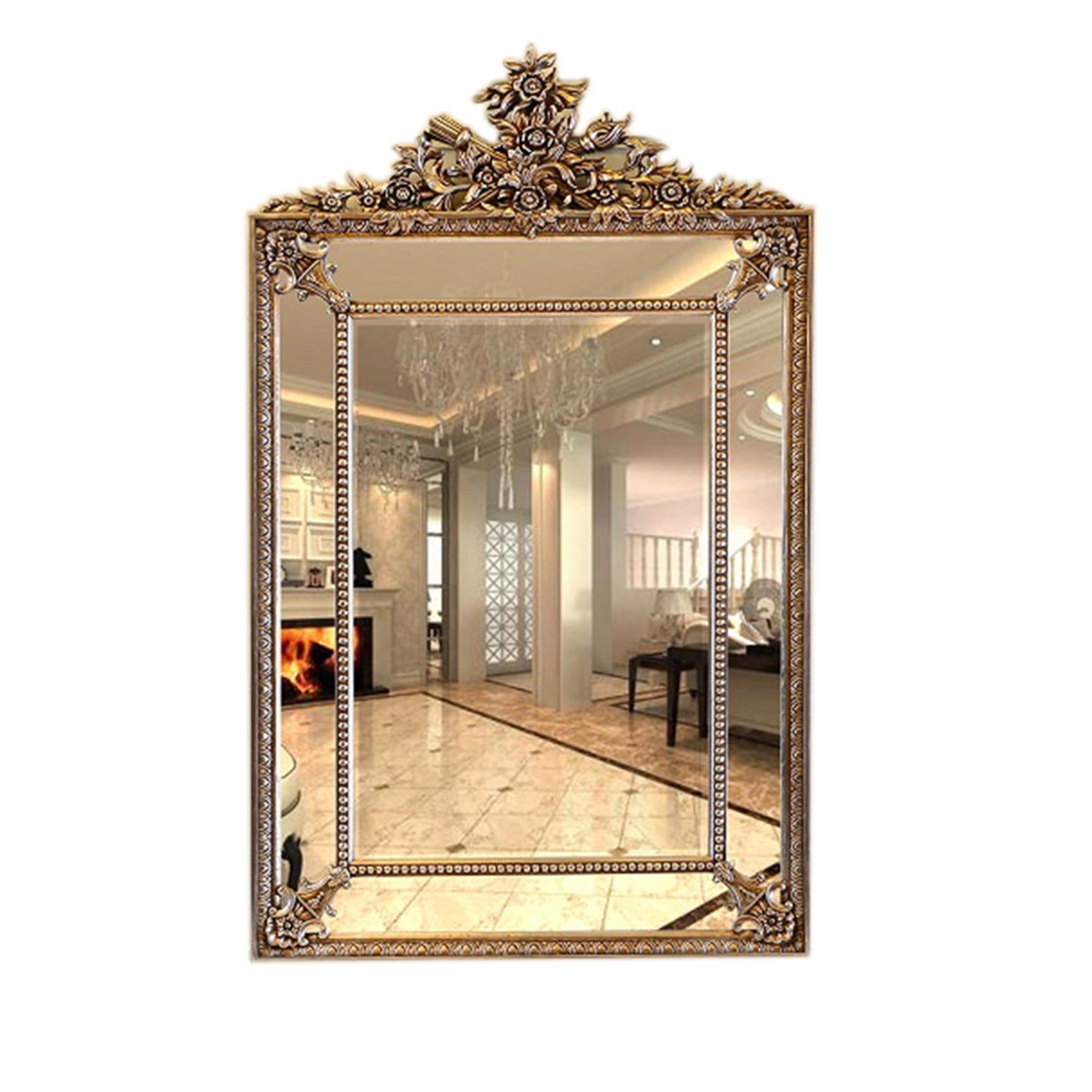Ornate Gold Beech Wood Vertical Mirror with Floral Design