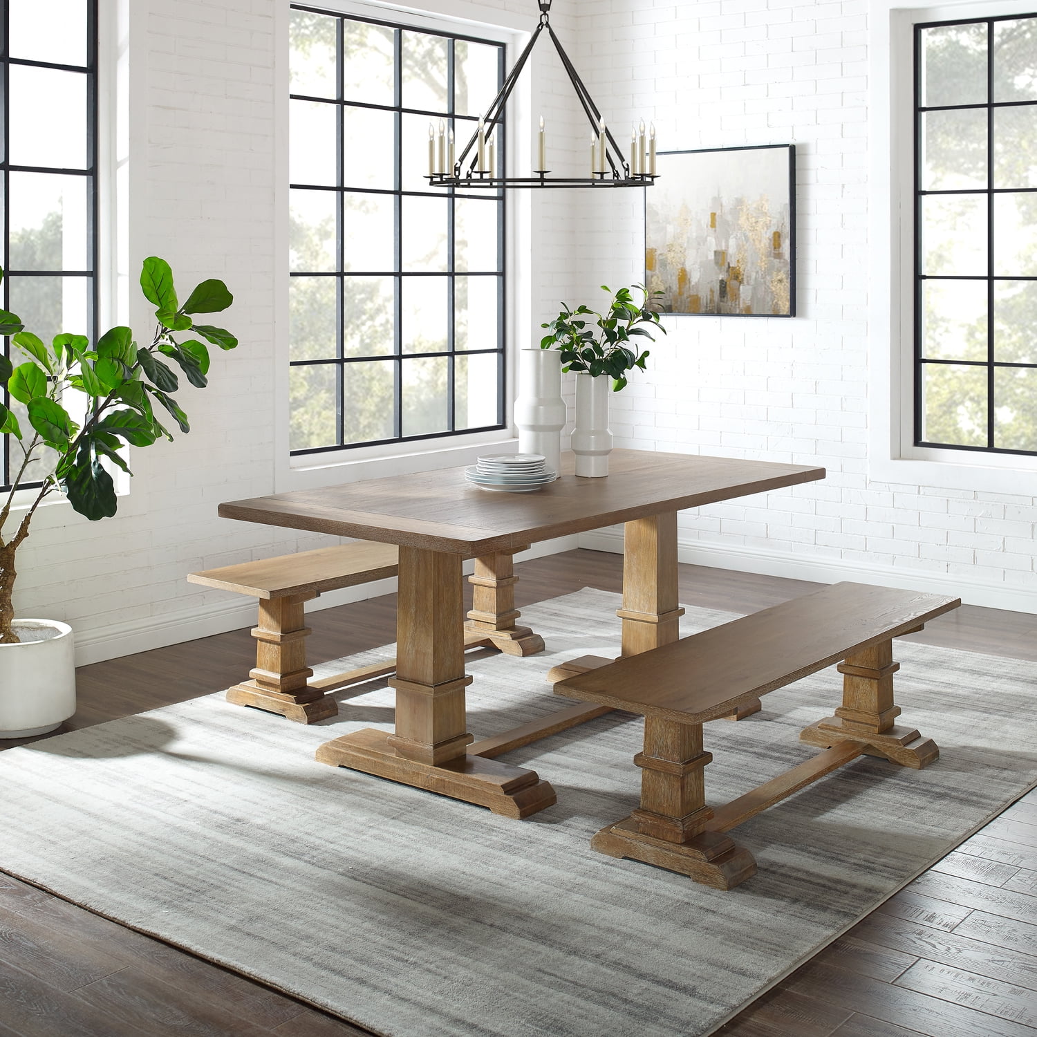 Rustic Brown 3-Piece Wood Dining Set with Benches