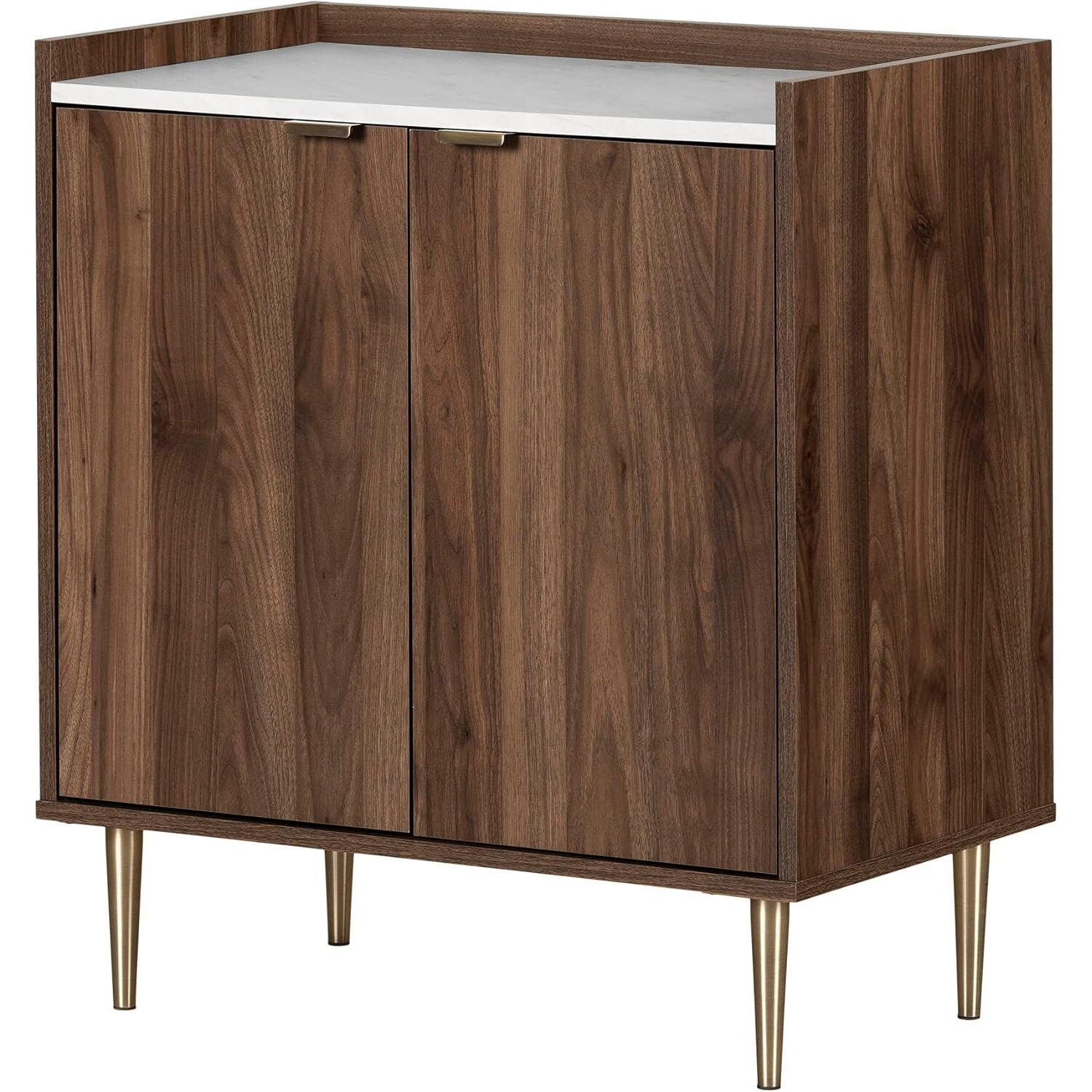Natural Walnut and Faux Carrara Marble Mid-Century Glam Cabinet