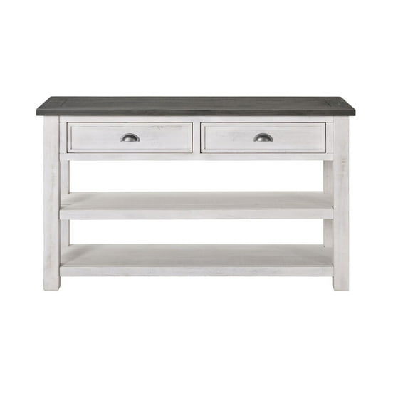Maykoosh Earthy Elegance Coastal Console Table, 2 Drawers, 2 Shelves, Pine Wood, White & Gray, 50"D x 16"W x 30"H, Perfect for Storage and Display in Entryways