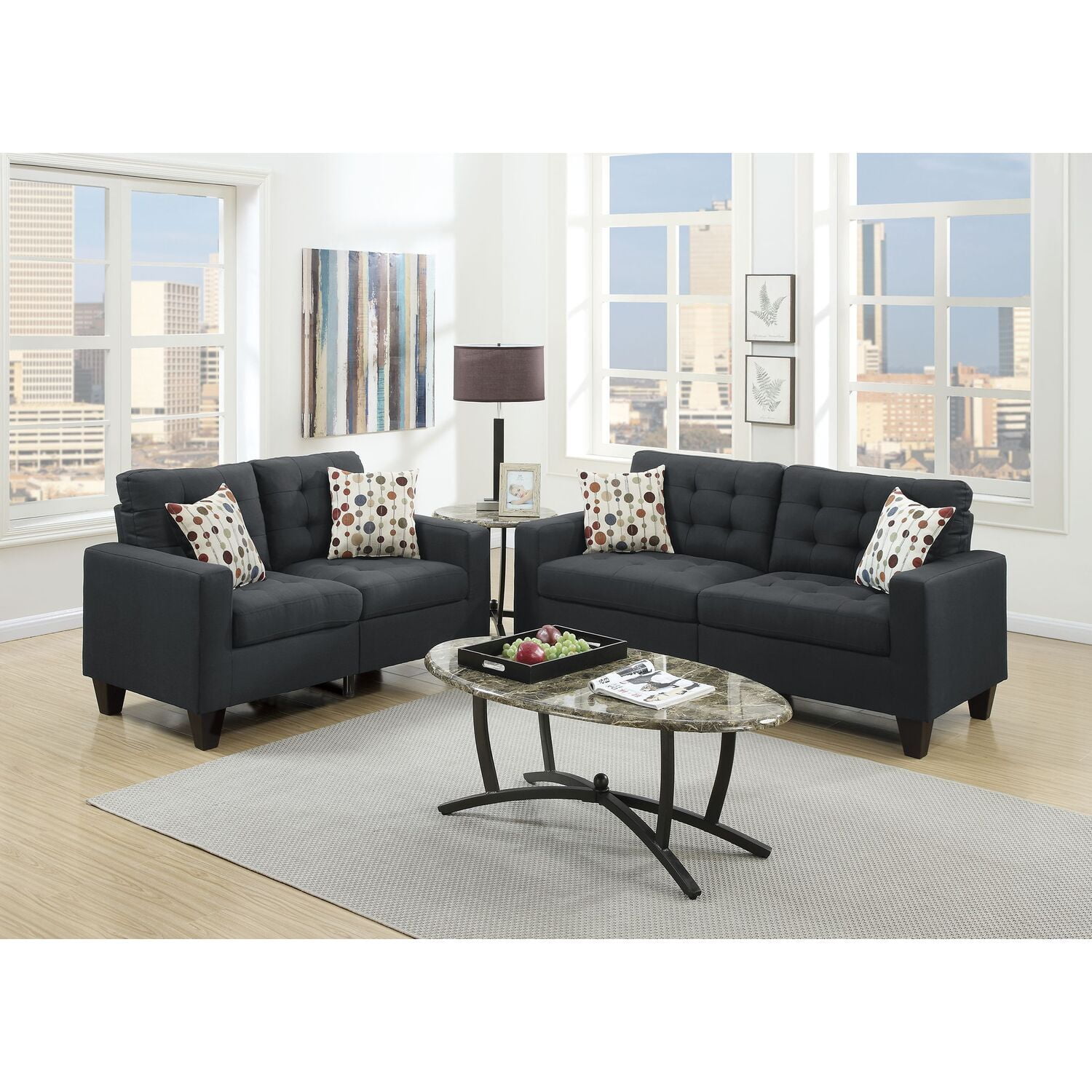 Black Polyester Blend Sofa and Loveseat Set with Dark Brown Legs