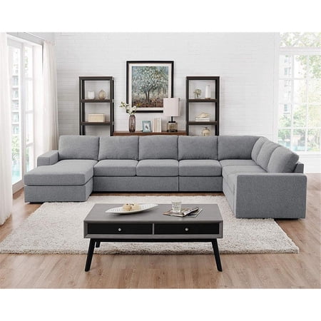Maykoosh Earthy Elements Light Gray Linen 7 Seat Reversible Modular Sectional Sofa Chaise, 94"D x 147"W x 33"H, L Shaped Sofa Sectional for Living Rooms, Cushioned Seating