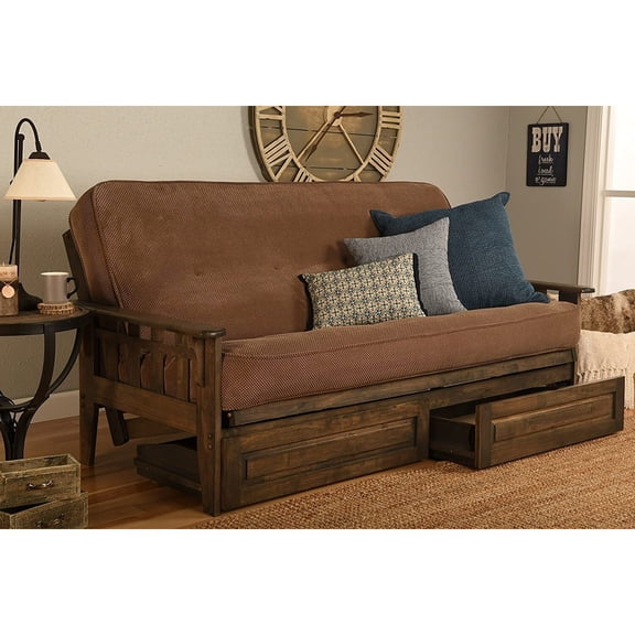 Maykoosh Eclectic Elegance Futon Frame-Rustic Walnut Finish-Oregon Trail Saddle Mattress-Storage Drawers