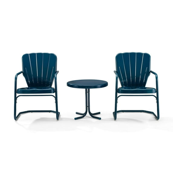 Maykoosh Eclectic Elegance Metal 3-Piece Seating Set with 2 Chairs and Side Table, Navy Finish, Coral Design Back Chairs, Durable Steel Frame, Modern Outdoor Seating Set