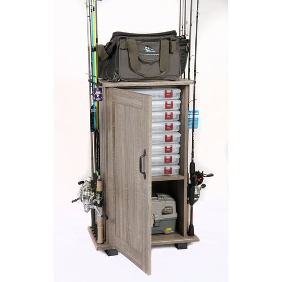 Maykoosh Eclectic Escape Fishing Storage Cabinet, Rough Sawn Barn Wood, 12"D x 20.5"W x 33"H, 3 Shelves, Durable, Removable Feature, Universal Rubber Rod Holding Clips