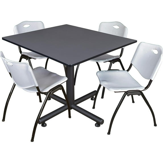 HomeStock Classic Charm 48" Square Breakroom Table- Grey & 4 'M' Stack Chairs- Grey, Ideal for Cafeterias, Dining, and Office Spaces