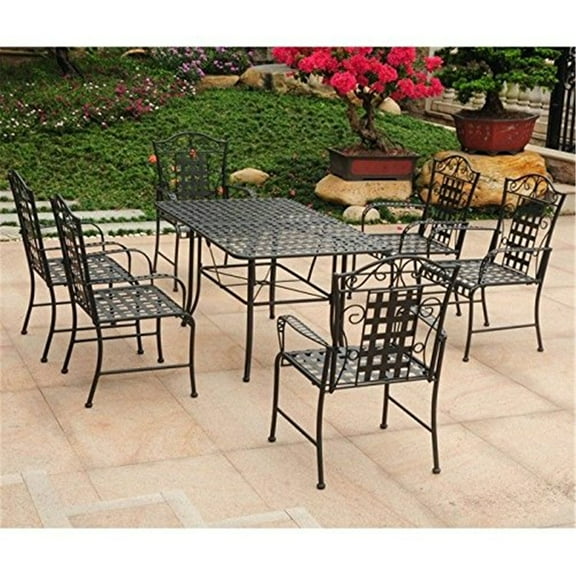 Maykoosh Elegant Escape Iron Outdoor Dining Set with Classic Lattice Design, Includes One Table with Umbrella Hole and Six Deep Seated Chairs, 60" x 39" x 29"